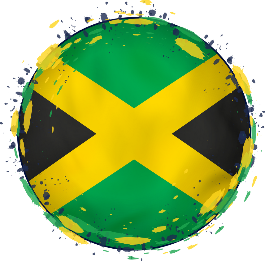 Round Grunge Flag of Jamaica with Splashes in Flag Color.